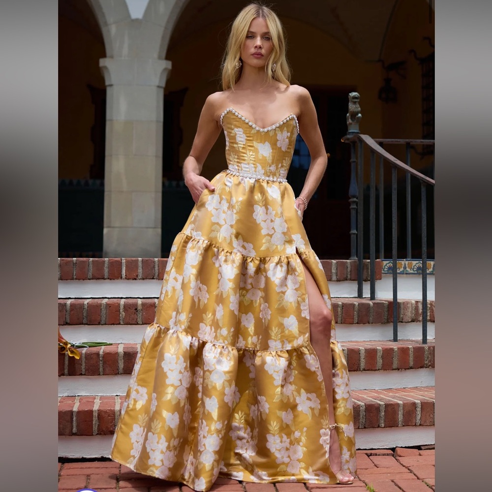 V. Chapman Vivian Gold Baroque Floral Dress Gown
